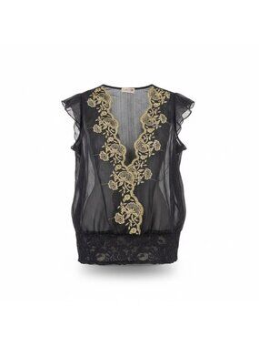 Luly K Womens Black Sheer Embroidered Blouse With Lace Trim Elegant Size OS